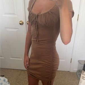 SHEIN Brown Ruched Halter Mini Dress